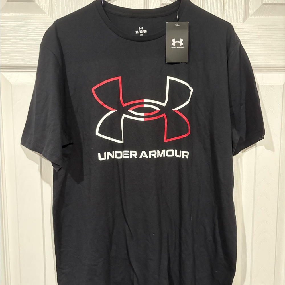 Under Armour Men's Tee in Black with Red and White Logo